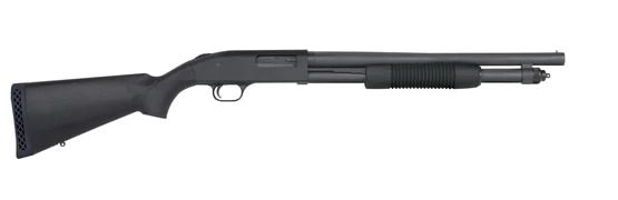 Pump action 12 gauge shotgun with synthetic black furniture and bead front sight.